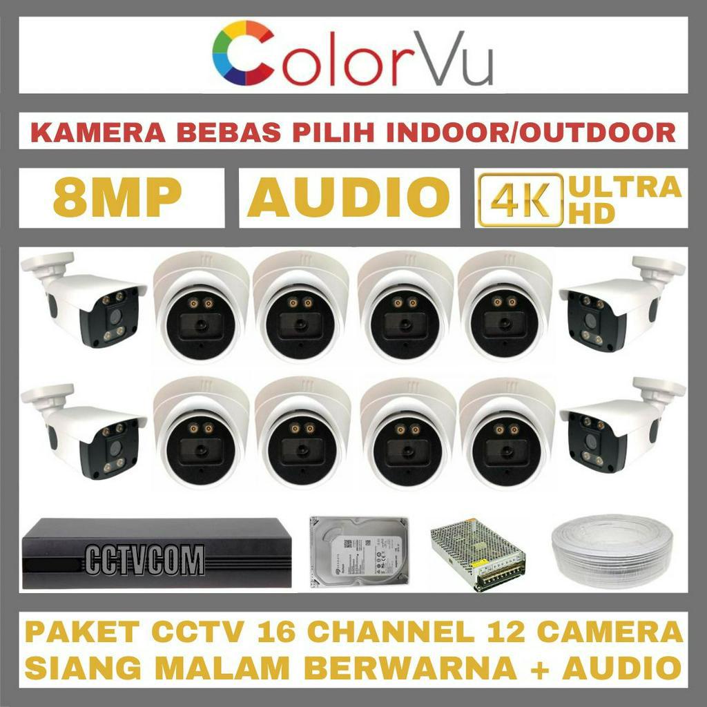 PAKET CCTV COLORVU 8MP 16 CHANNEL 12 KAMERA ULTRA HD 4K CAMERA AUDI