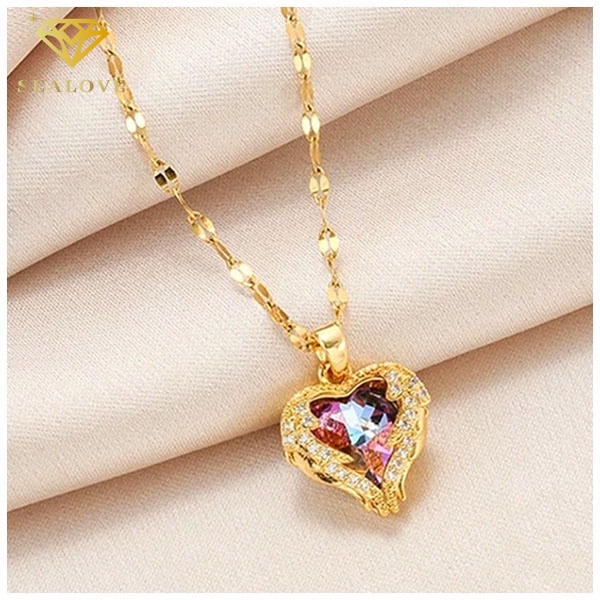 Grosir kalung titanium wanita Sayap Malaikat Cinta Hati Kristal Liontin necklace Korea Fashion Aksesoris