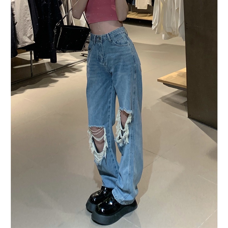 Gaya Korea Jeans Retro Jeans Wanita Pinggang Tinggi Slim Celana Lurus Musim Panas Longgar Lebar Kaki