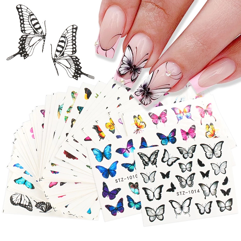 30 Lembar / Pak Stiker Kuku 3D Transfer Air Motif Kupu-Kupu Warna Biru / Hitam Untuk Nail Art