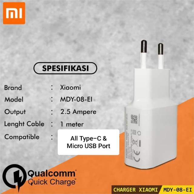 Charger Xmi 2.5A 9V Micro/Type C QC 2.0 &amp; 3.0 Fast Charging ORIGINAL 100% Note 3,Note 4x,Mi4c,Mi5