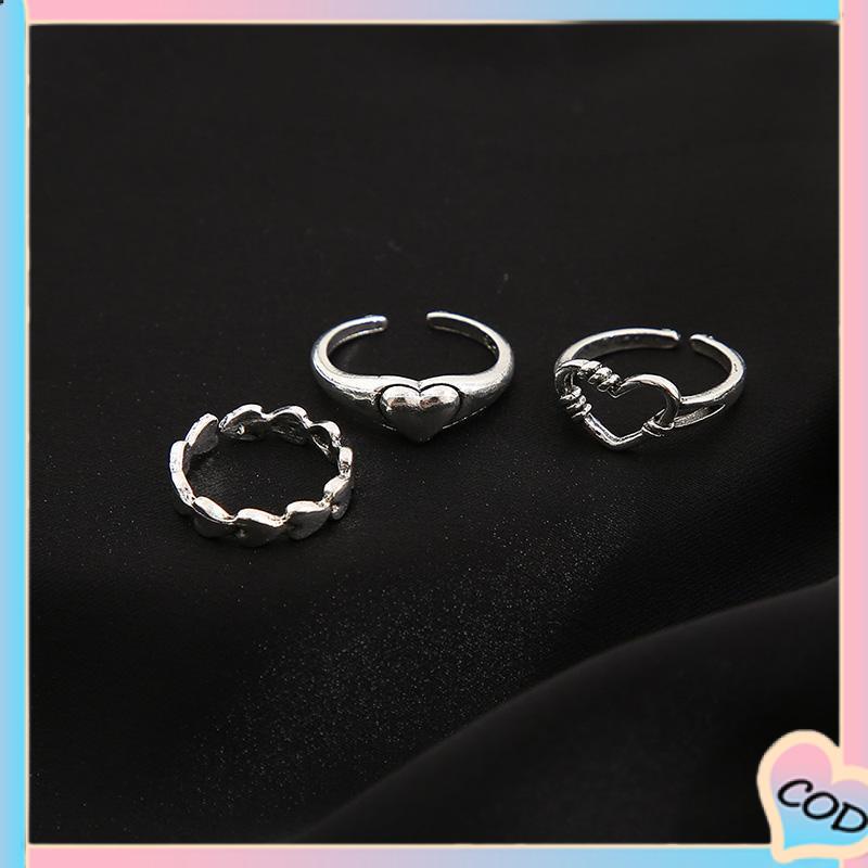 COD❤️3pcs Cincin Model Terbuka Desain Gelombang Hati Warna Silver Gaya Vintage Untuk Wanita-A.one