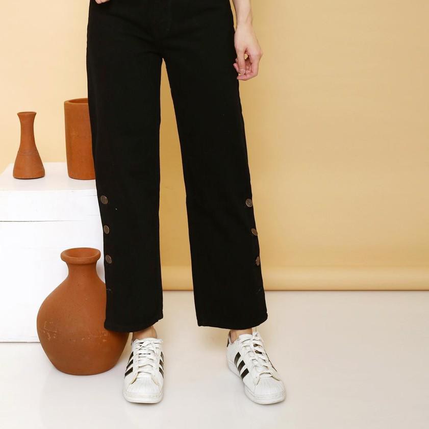 ♗ Boyfriend Kulot Kancing samping Vivian / Celana Jeans Wanita / Bawahan Wanita / Fashion Wanita ✰