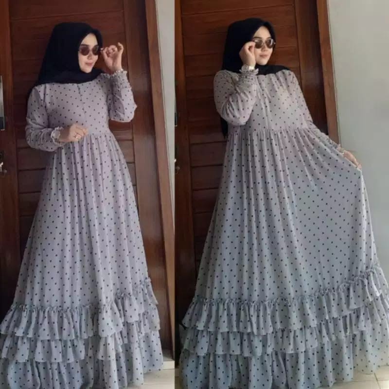 Baju gamis wanita muslim polkadot / naira maxi dress / gamis polkadot terbaru size L / XL-ABU-ABU