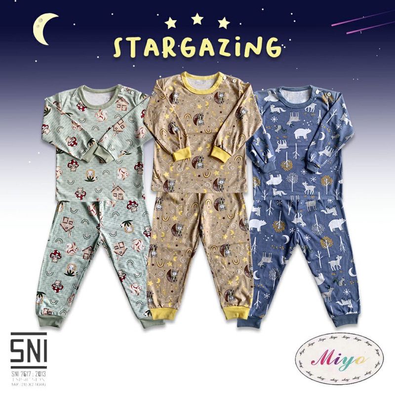 3pcs_miyo by LIBBY SETELAN PANJANG motif GEORGE MONKEY , SQUIREL Dino grey series, STARGAZING S.M.L / piama MIYO BY LIBBY TERBARU