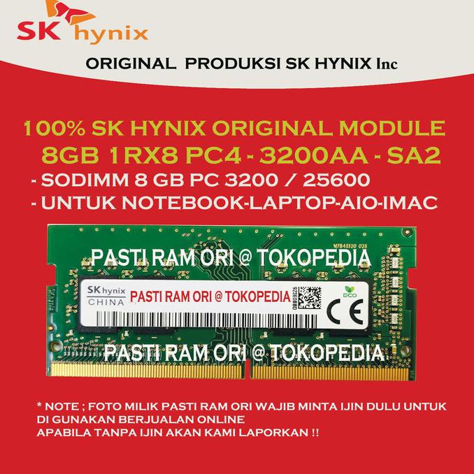 [[BISA COD]] RAM SODIMM 8GB DDR4 PC 3200 / 25600 Mhz SK HYNIX 1RX8 FOR NB / LAPTOP - 1RX16 OBRAL