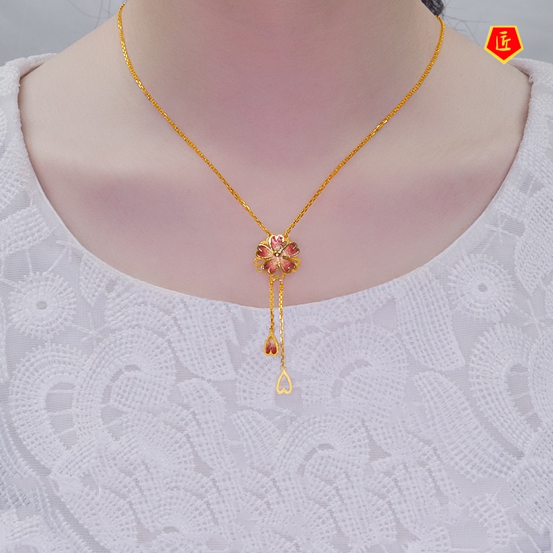 [Ready Stock]Golden New Personality Cherry Blossom Set Rings Necklace Ear Stud