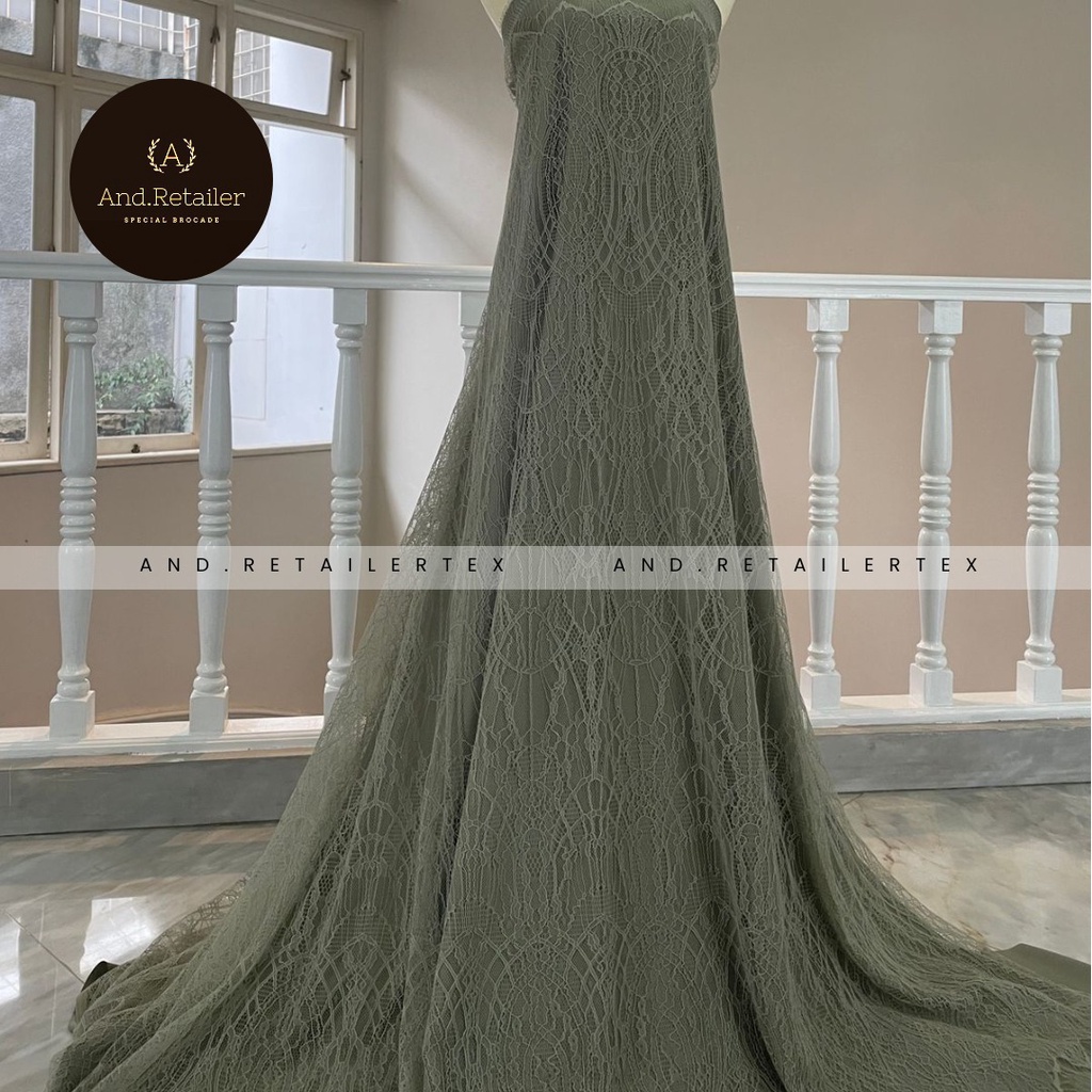 Bahan Kebaya Semi France Panel per 2,5m Lace Chantily Shantily Motif New Series Warna Sage Green