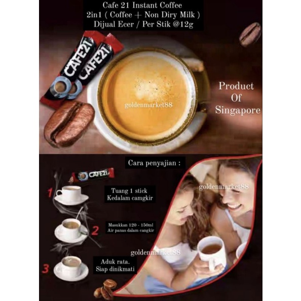 

KOPI CAFE 21 CAFE21 2IN1 INSTANT COFFEEMIX TANPA GULA SINGAPORE ECER 1 STICK