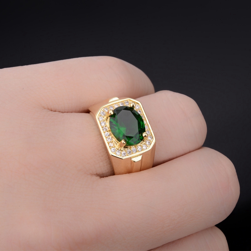 18rb Perhiasan Fashion Wanita Pria Emas Zamrud Hijau Kristal Berlian Cincin Baja Titanium Gold Rings