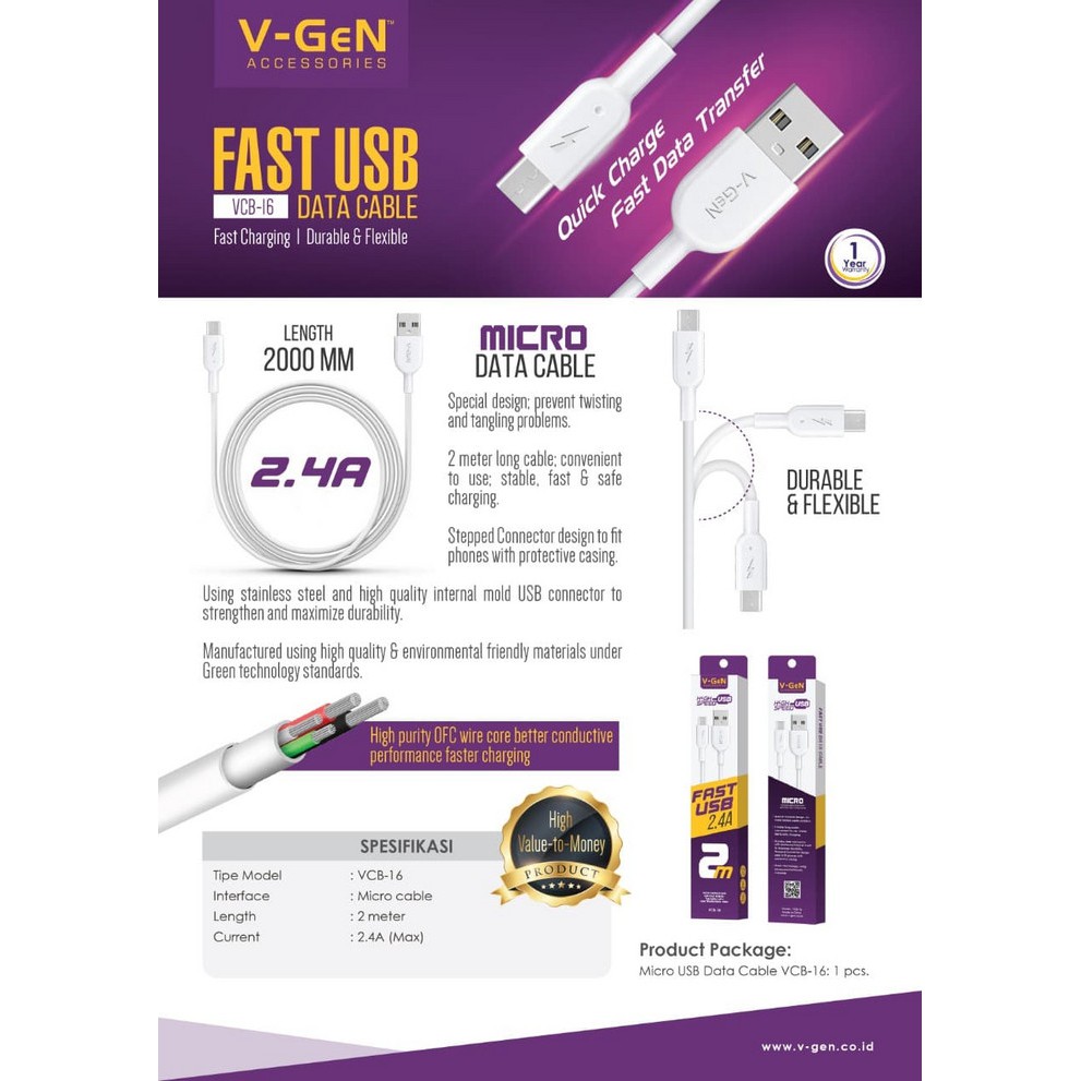 V-GEN VCB-16 FAST CHARGING 2.4A KABEL DATA MICRO USB 2M CHARGER VGEN