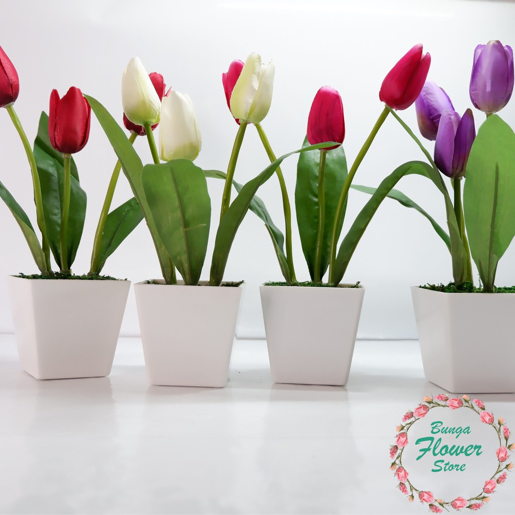 [ PROMO TERMURAH ] Buket Bunga Tulip Putih - T-P-026 -  Termasuk Vas - Pajangan Bunga - Bunga Hias - Bunga Artifisial
