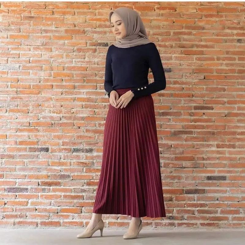 01 Rok panjang salur plisket pliskit wanita cewek allsize fit L XL harian santai murah