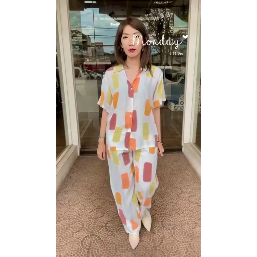 SET BLOUSE LENGAN PENDEK DAN CELANA PANJANG KATUN RAYON motif bata