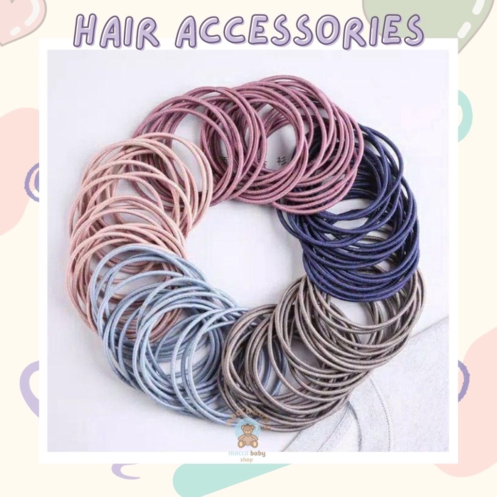 MBSS - IKAT RAMBUT ONNIE 100pcs + pouch ikat rambut karet polos warna-warni anak dewasa import ala korea