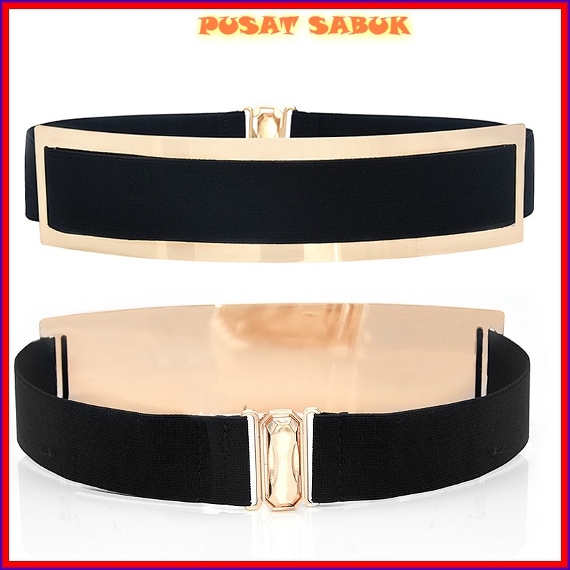 Belt Gesper Plat Sabuk GOLD Karet Obi Ikat Pinggang Elastis untuk Wanita Fashion Emas Hitam kekinian