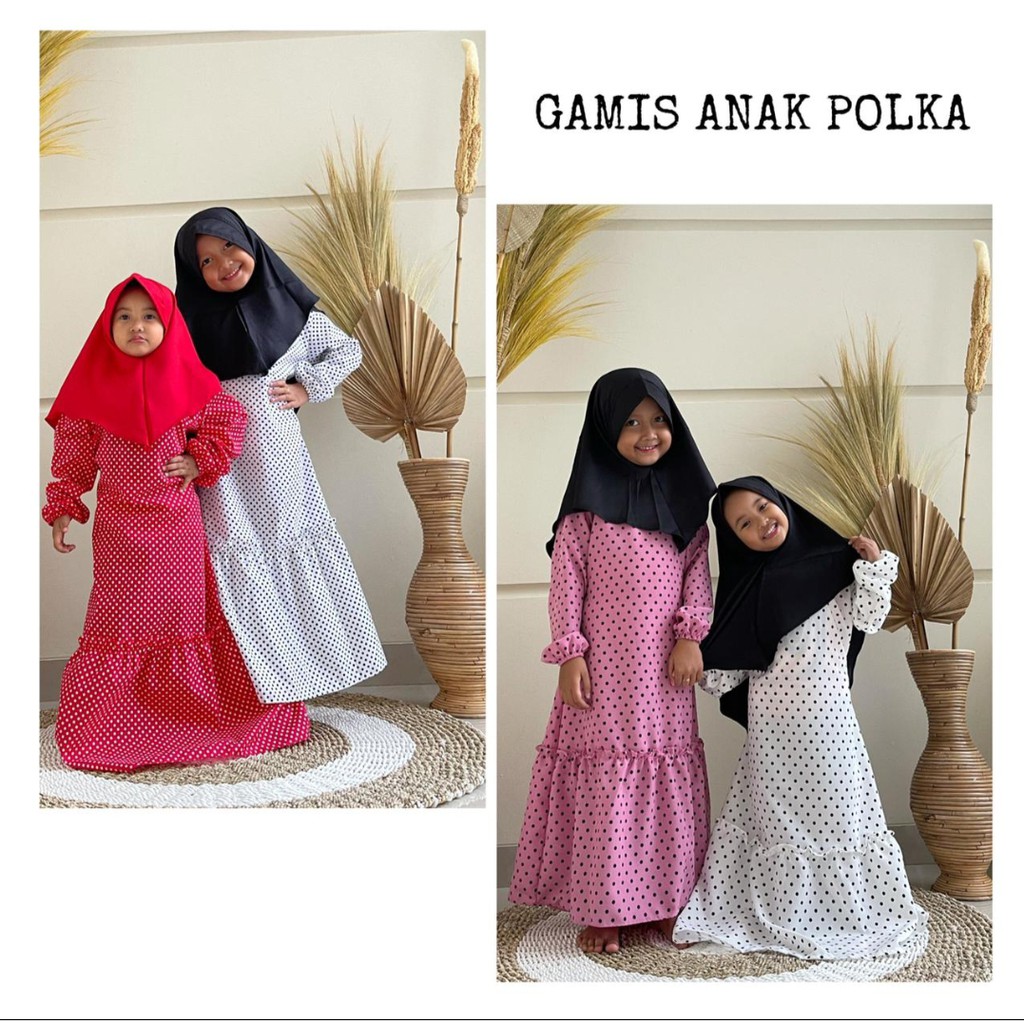 pakaian gamis anak + hijab perempuan motif polka terbaru