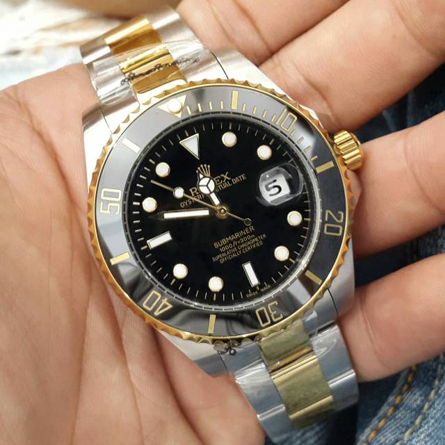 Jam tangan rolex oyster perpetual date submariner silver gold cowok