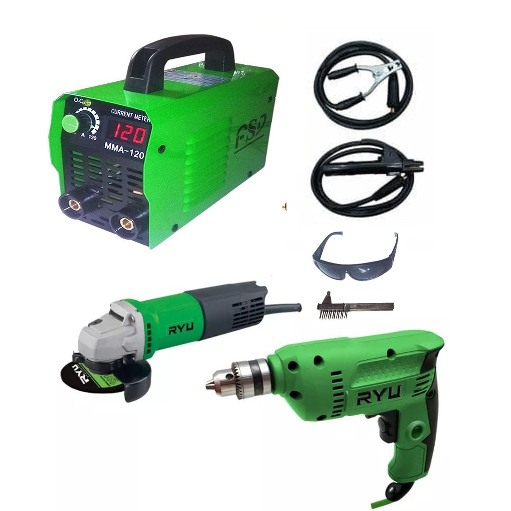 Paket Mesin Las FSD 120 A + Bor RYU 10 mm + GerindaMesin Las FSD 120 A Digital Power minimal 900Watt