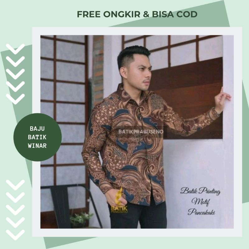 PANCAKAKI Kemeja Batik Pria Lengan Panjang Reguler Fit Original Batik Prabuseno Solo Bahan Katun Pri