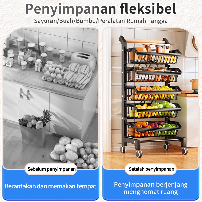 Rak troli multifungsi multi-layer rak keranjang sayuran rak buah dan sayuran rak dapur