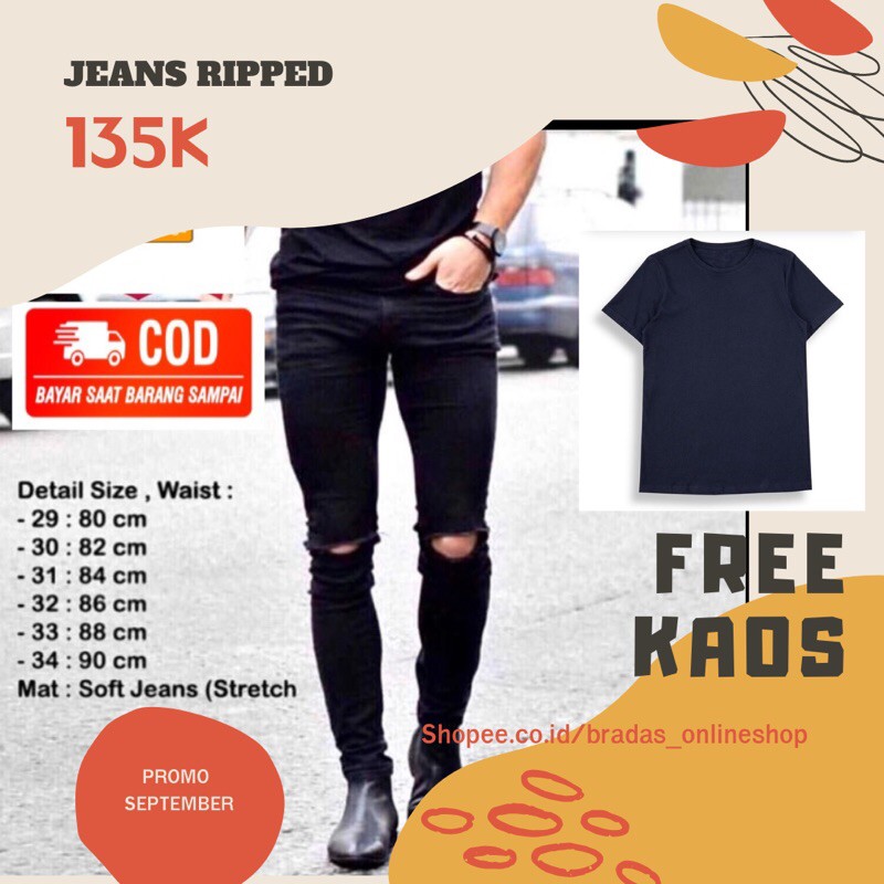 CELANA SOBEK LUTUT /RIPPED JEANS BLACK/ FREE KAOS