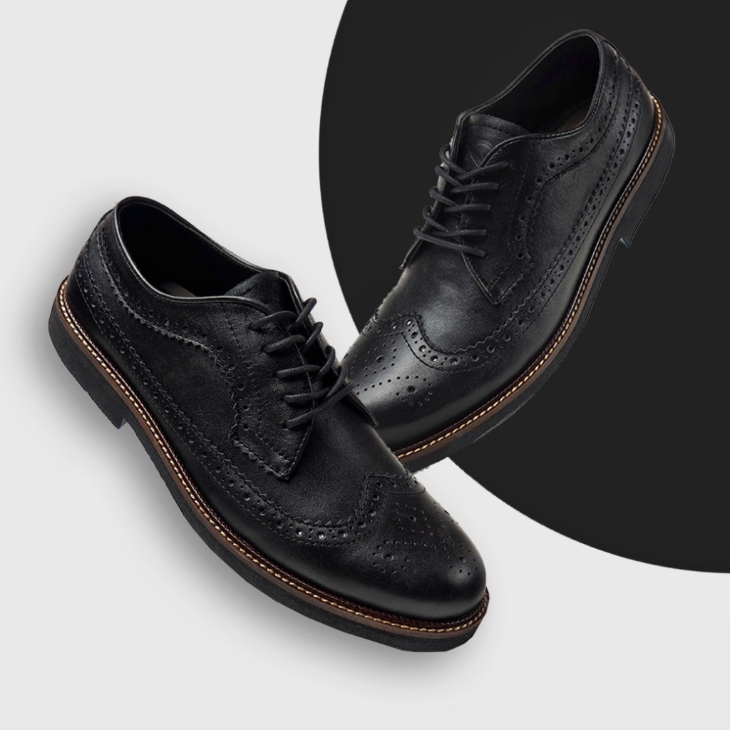 BRITISH SERIES ORIGINAL x KENZIOS Sepatu Kulit Sapi Asli Hitam Pria Formal Pantofel Kerja Kantor Dinas Resmi Guru PNS Kantoran Pesta Undangan Kondangan Nikah Kuliah Casual Wingtip Modern Oxford Genuine Leather Footwear Big Size Jumbo Ukuran Besar 44 Keren