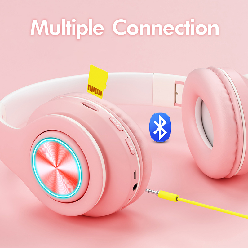 Headset Bluetooth Macaron Wireless HiFi  Headphone Stereo Dengan Lampu LED Warna Warni