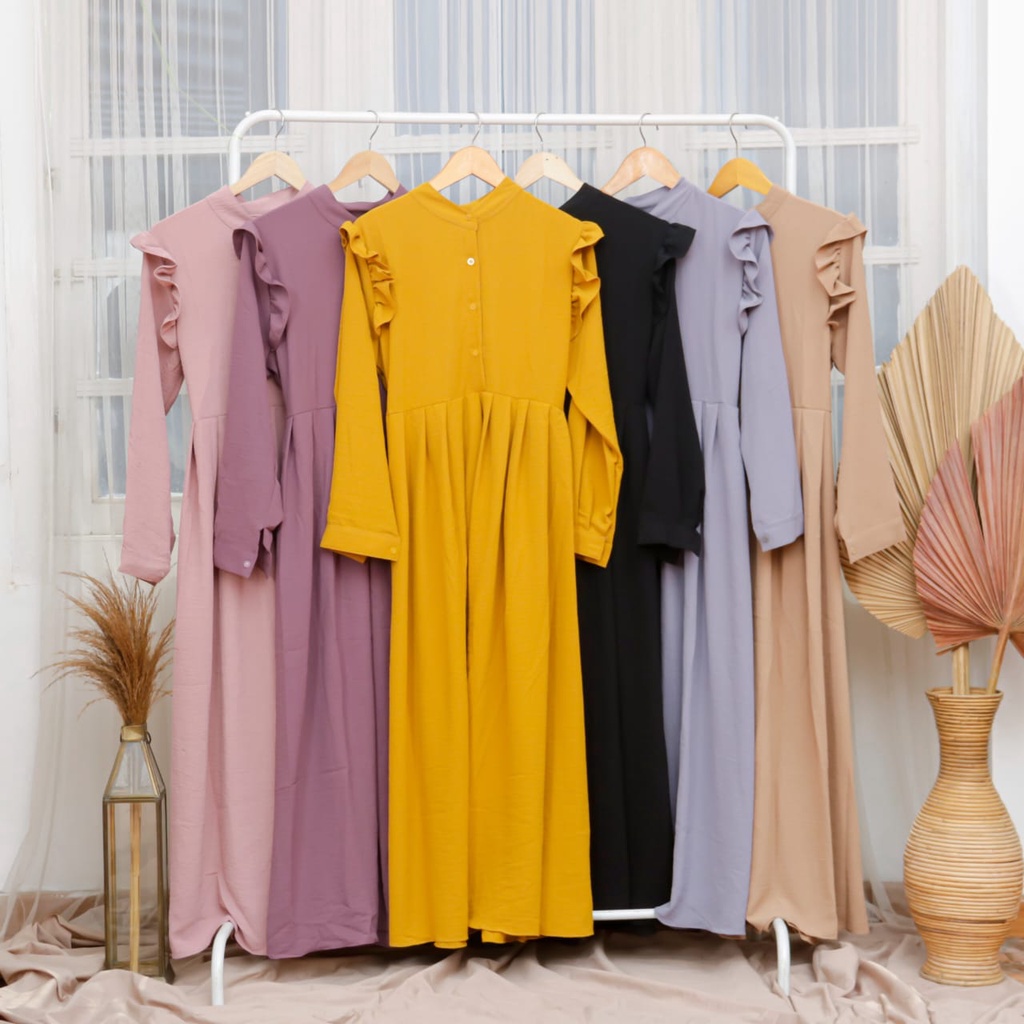 Shaly Midi Dress Ruffle | Dress Wanita Terlaris I Midi Dress Terkini I Bahan Crinkle