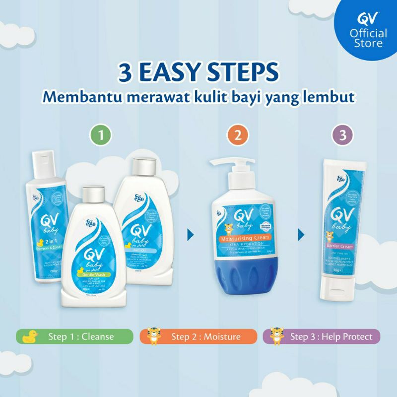 EGO QV Baby Gentle Wash Hair and Body 250 gr / Moisturising Cream Pump 250gr / Barrier Cream 50gr