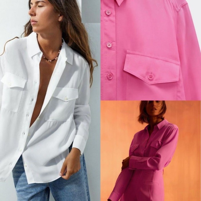 Marimampir H*M Double Pocket Blouse Kemeja Wanita Lengan Panjang Polos Putih Ori - Army, XS