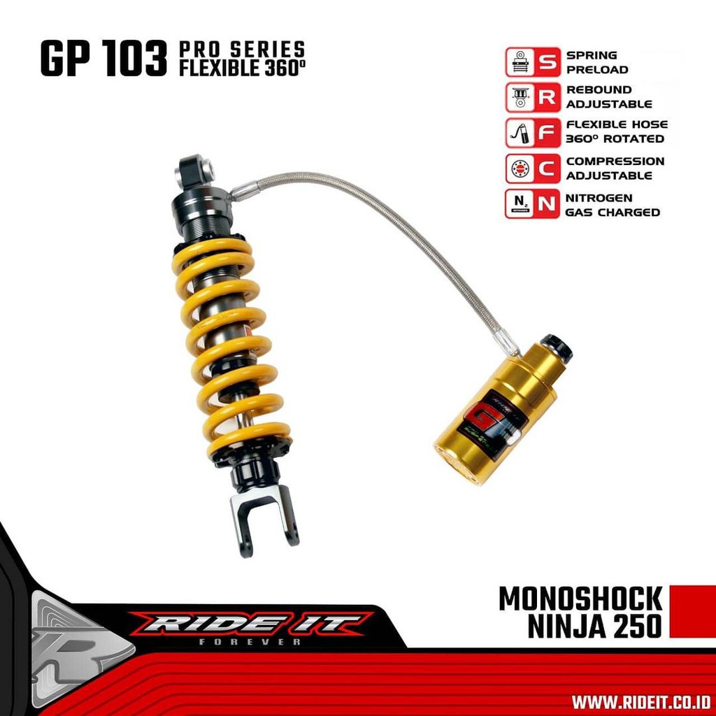 RIDE IT Monoshock Ninja 250 GP 103 Flexible Shock Belakang Ninja 4T 250 FI / Karbu Tabung Pisah