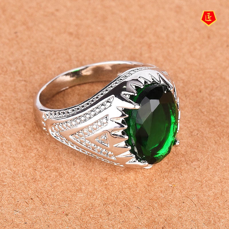 [Ready Stock][Ready Stock]Green Gemstone Ring Retro Silver Fashion Personality