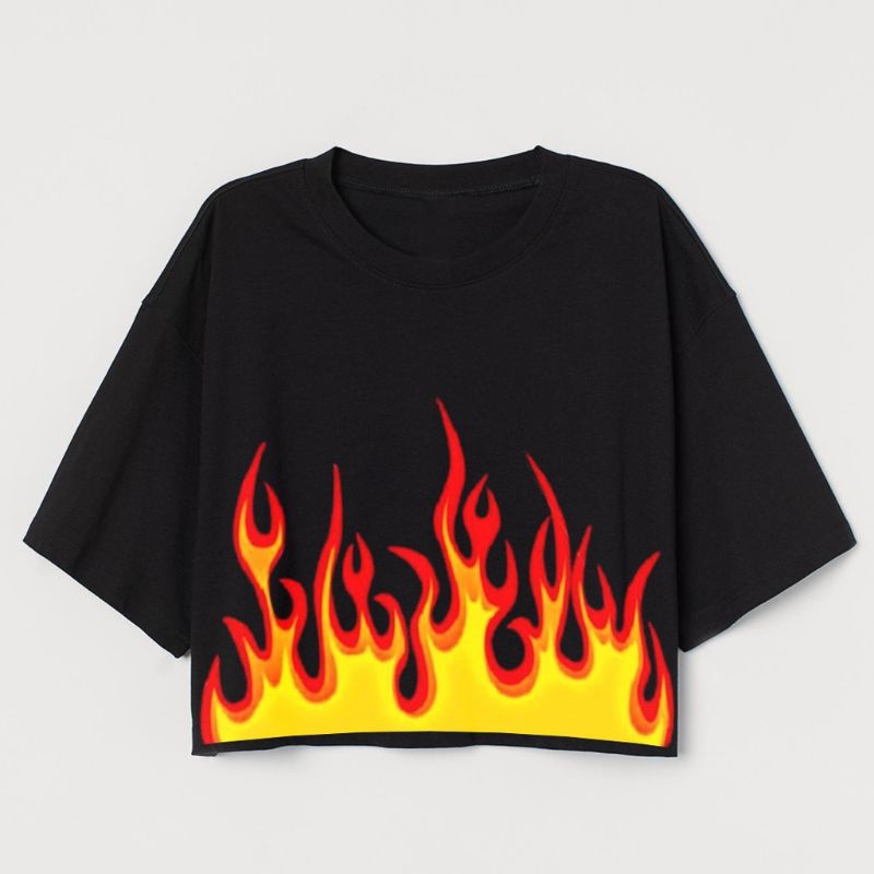 CROP TEE MOTIF API | KAOS BAJU CROP TOP FIRE KOREA STREETWEAR OVERSIZE HITAM WANITA | CROPTEE WOMAN 