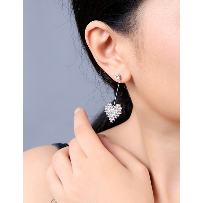 LRC Anting Tusuk Fashion Silver Crystal-studded Heart-shaped Earrings F94093