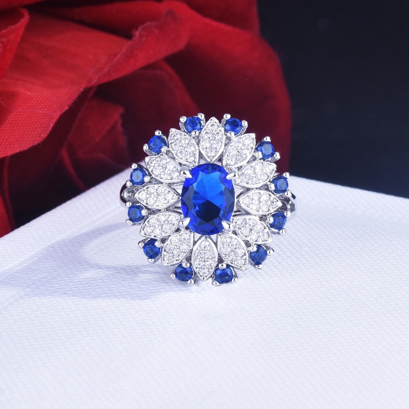 Fancyqube Cincin Model Terbuka Bentuk Bunga Oval Bahan Cubic Zirconia Biru Gaya Vintage Untuk Wanita