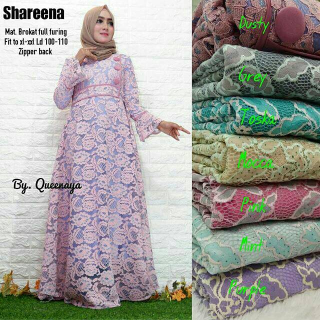 Shareena Baju Lebaran Raya Longdress Gamis Brokat Lengan Puff