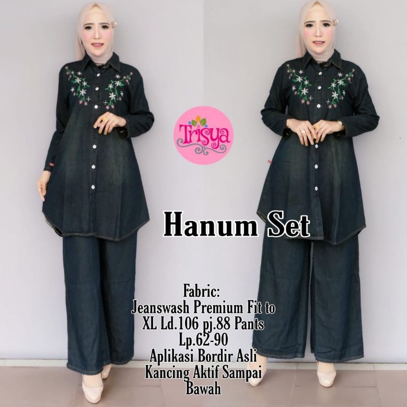HANUM setcel set celana kulot denim aksen bordir busui black jeans set