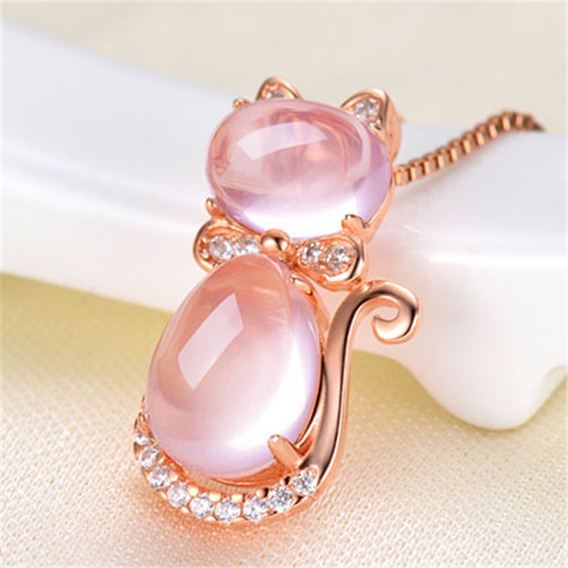 [Ready Stock]Fashion Inlaid Pink Crystal Cat Pendant Cute Necklace