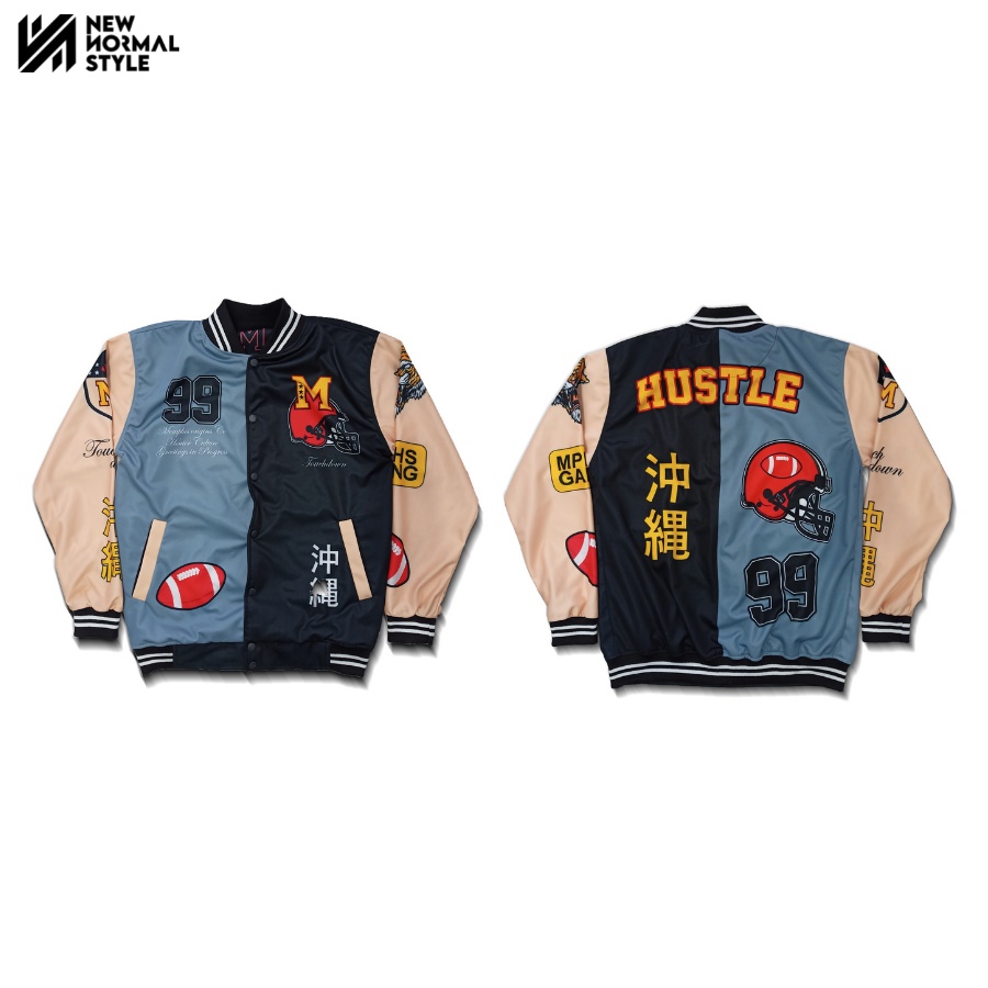 HUSTLE Jaket Baseball Varsity Bomber Vintage Jacket Casual Pria Wanita Cowok Laki Distro Keren Dewasa Terbaru Original