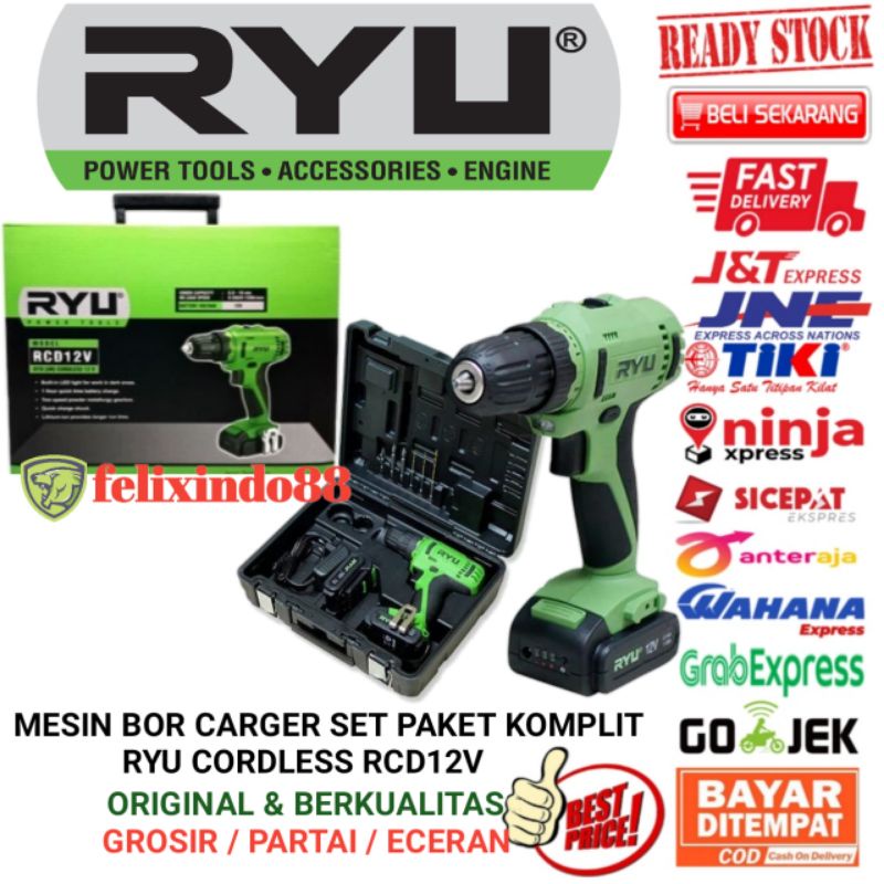 RYU BOR BATERAI CORDLESS 12v CAS ULANG 12 VOLT RCD12V MESIN BOR BATRE SET ORIGINAL