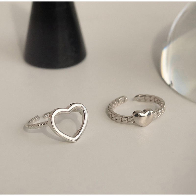 2pcs / Set Cincin Model Terbuka Desain Hati Warna Silver Gaya Elegan Untuk Wanita