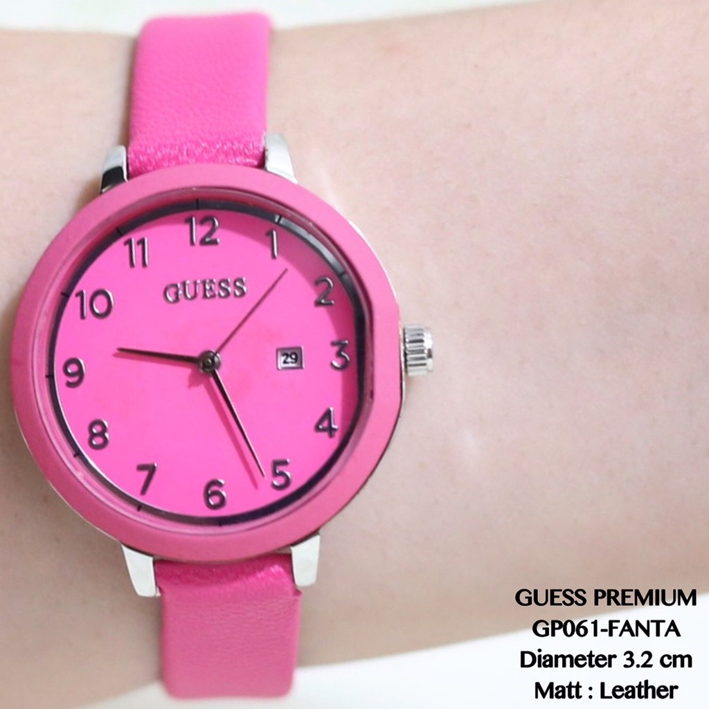 Jam tangan wanita guess premium tanggal aktif tali kulit leather flash sale termurah GP061