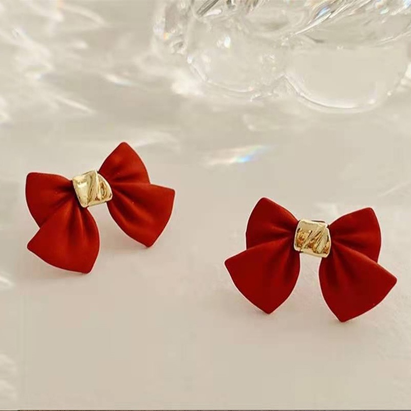 Korean Fashion Red Bow Pendant Paint Rhinestone Love Lady Stud Earrings Earrings Lucky Cute Jewelry Gift Best Accessories for Girlfriend