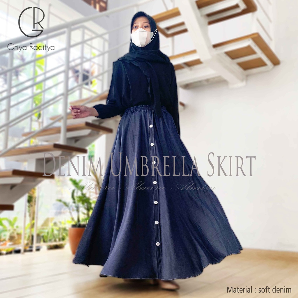 Rok Panjang Wanita Payung Muslimah Jeans Button Umbrella Skirt Chambray Soft Denim Griyaraditya