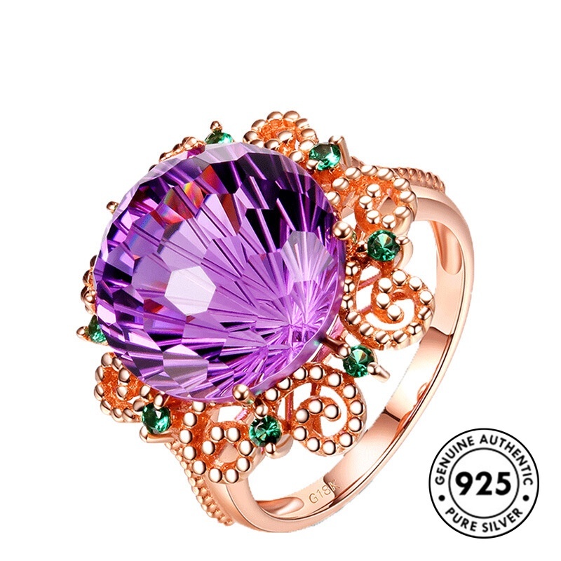 Cincin Sterling Silver 925 Model Hollow Dengan Batu Amethyst Warna Rose Gold Untuk Wanita