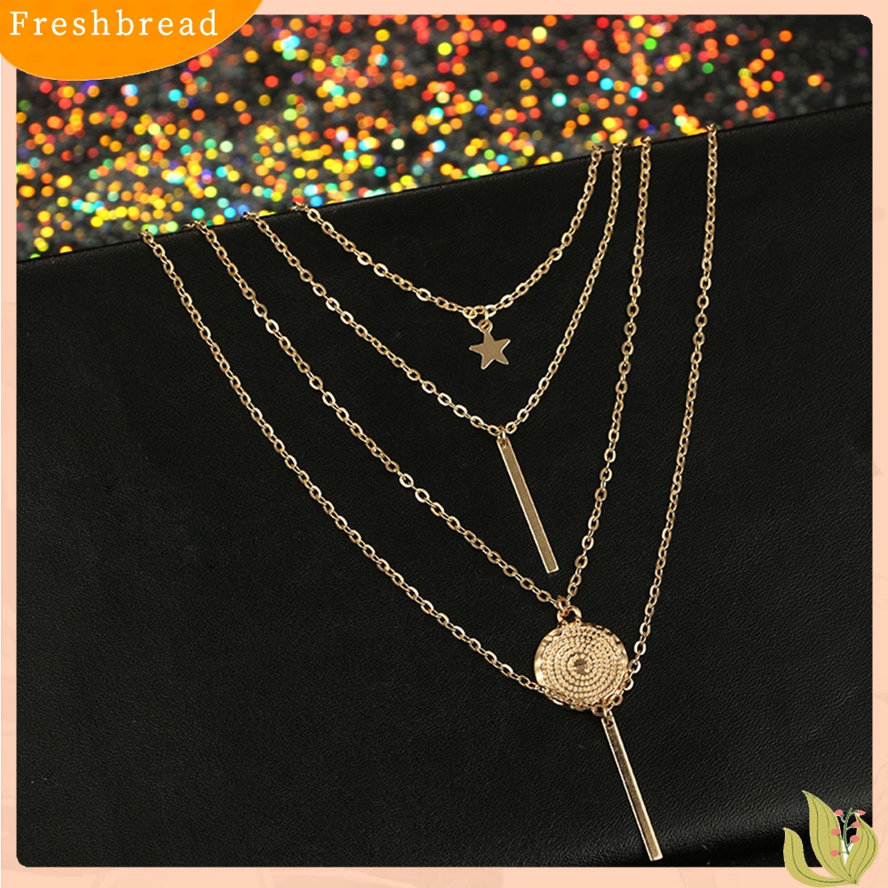 Terlaris Fashion Women Beach Jewelry Multi-layer Chain Star Bar Round Pendant Necklace