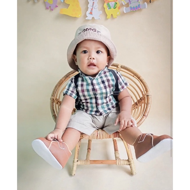 setelan kemeja anak celana chino lengan pendek ANCHOR CHECKER shirt suspender set 1-3 tahun anak laki laki baby balita cowok baju pergi adem