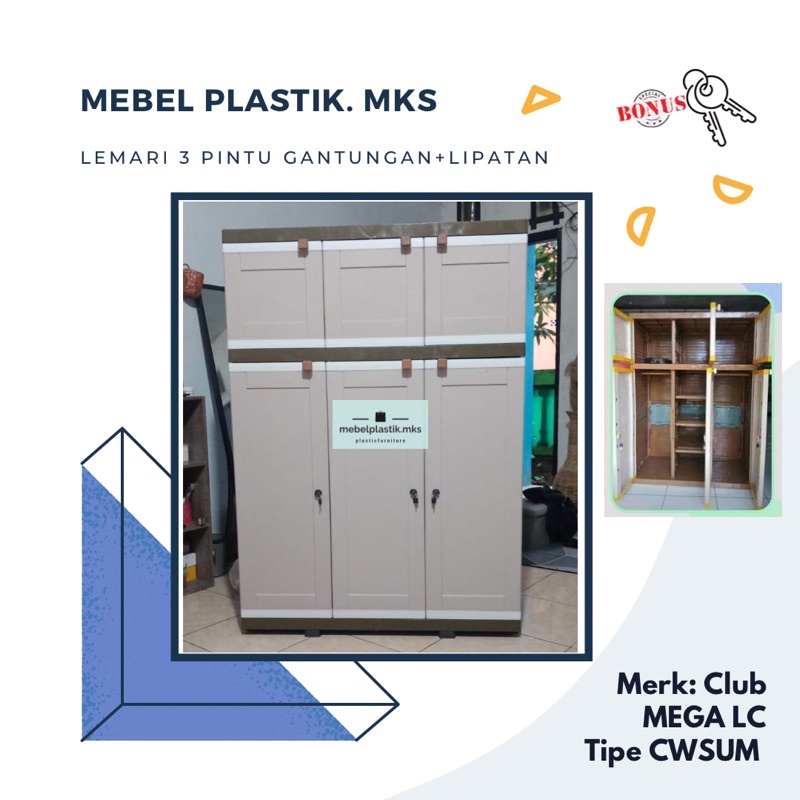 Lemari Plastik Club 3 Pintu Gantung+Lipatan Mega LC Coklat / Lemari Minimalis Besar Jumbo