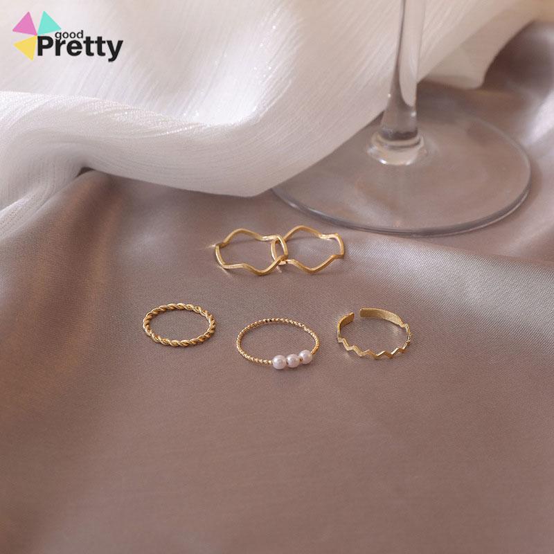 5 pcs Cincin Set Fashion Aksen Berlian Imitasi Mutiara Untuk Wanita - PD